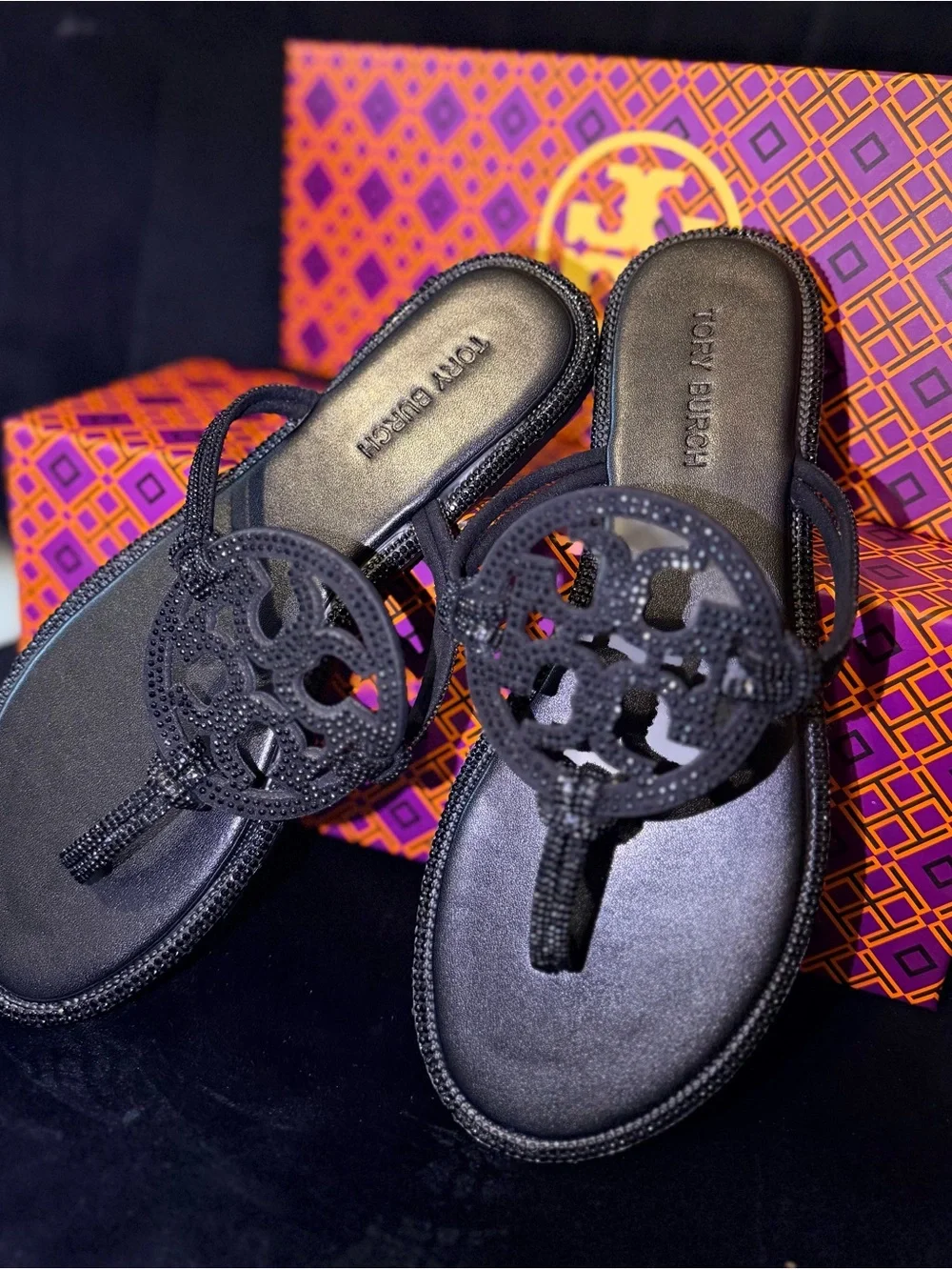 Tory Burch Black Logo Cutout Thong Sandals with Braided Trim